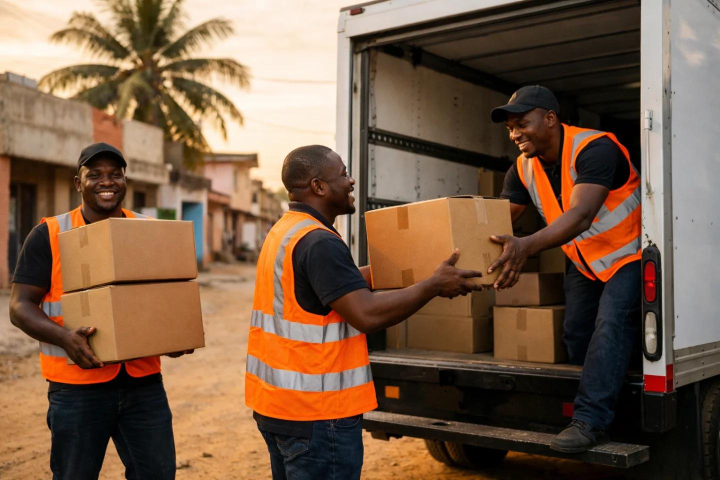 Équipe FlyttBox chargeant des cartons dans le camion à Cotonou