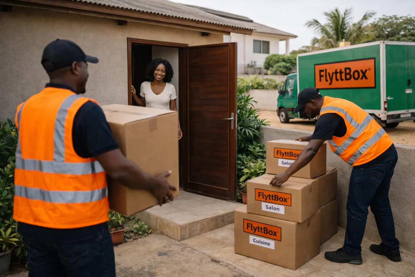 Équipe FlyttBox livrant des cartons étiquetés chez une cliente à Cotonou