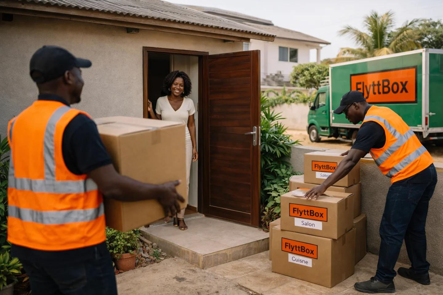 Équipe FlyttBox livrant des cartons chez une cliente à Cotonou