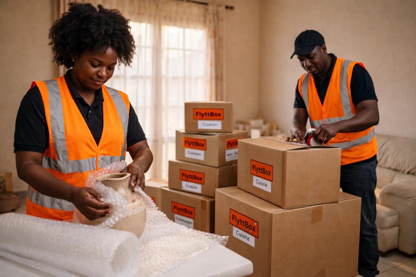 Emballage professionnel par l'équipe FlyttBox avec cartons brandés